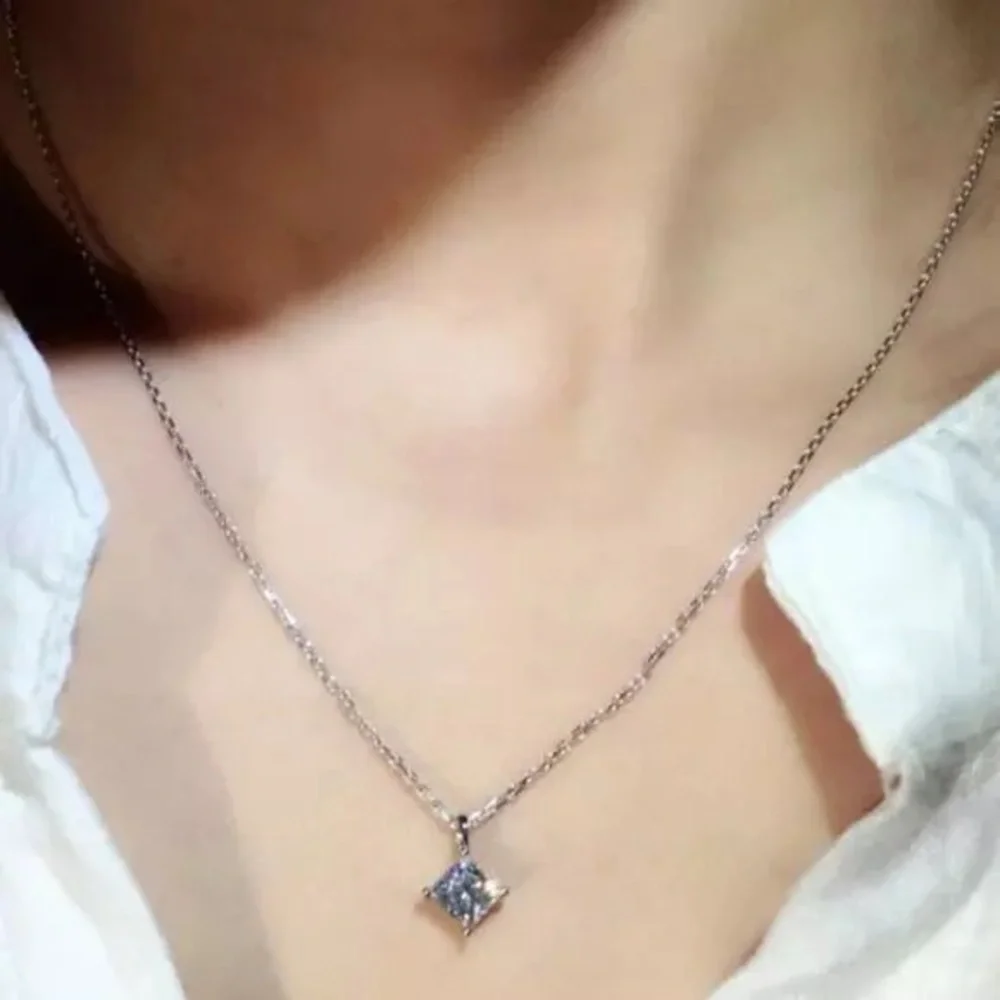 New 925 Silver Beautiful Square Princess Cut Diamond Necklace - Picture 2 of 6